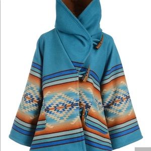 Blue Vintage Horn Button Hooded Poncho Coat
